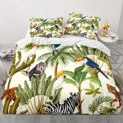 Jungle Animal Bedding Set Tropical Plant Duvet Set Parrot Monkey Palm Leaf Three-Piece Set