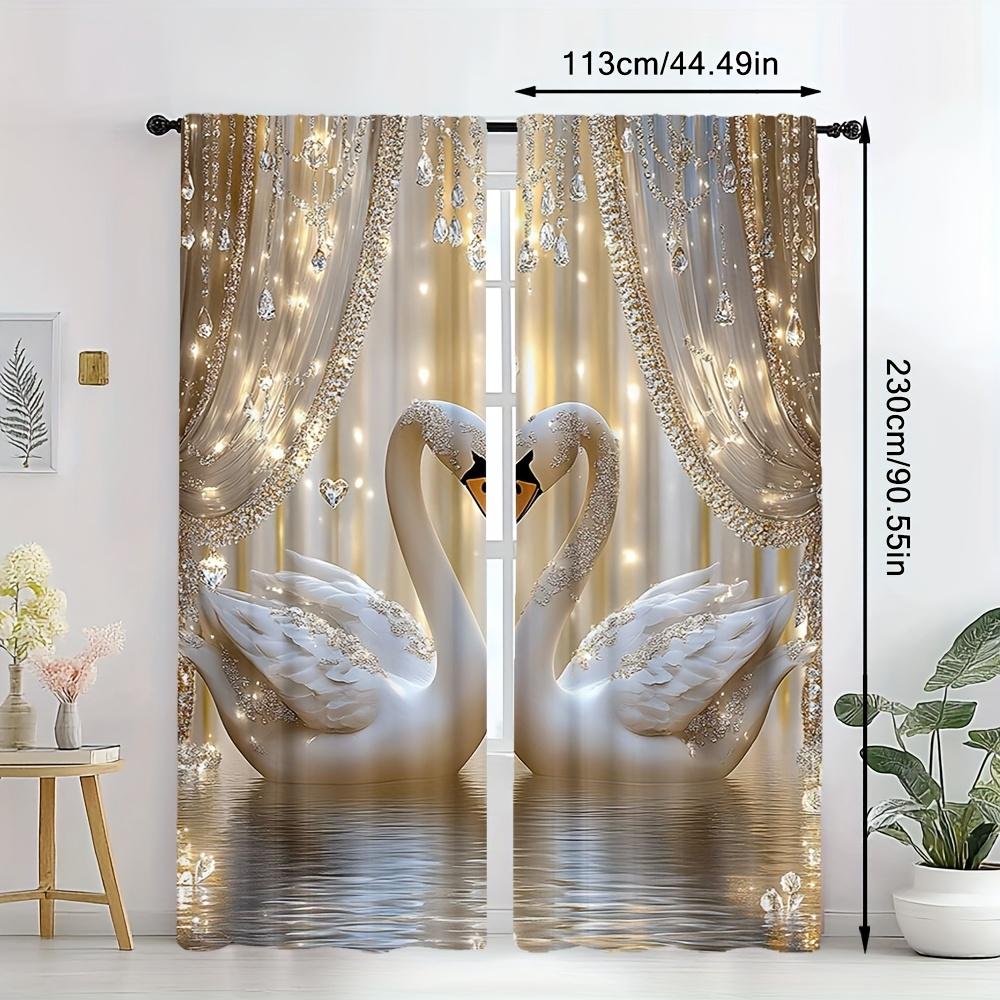 2pcs Modern Swan & Crystal Pearl Print Polyester Curtains with Rod Pocket – for Living Room   Bedroom & Office Decor