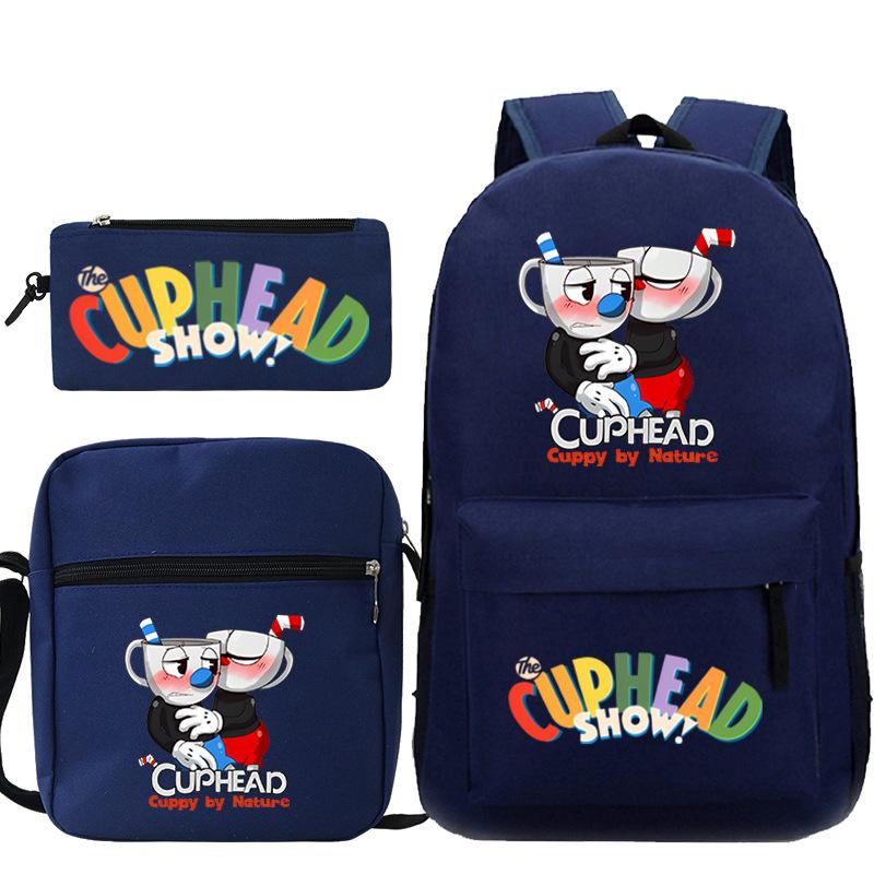 Cartoon Teacup Head Cuphead Student School Bag Backpack Three-piece Set Children's Shoulder Bag Pencil Bag