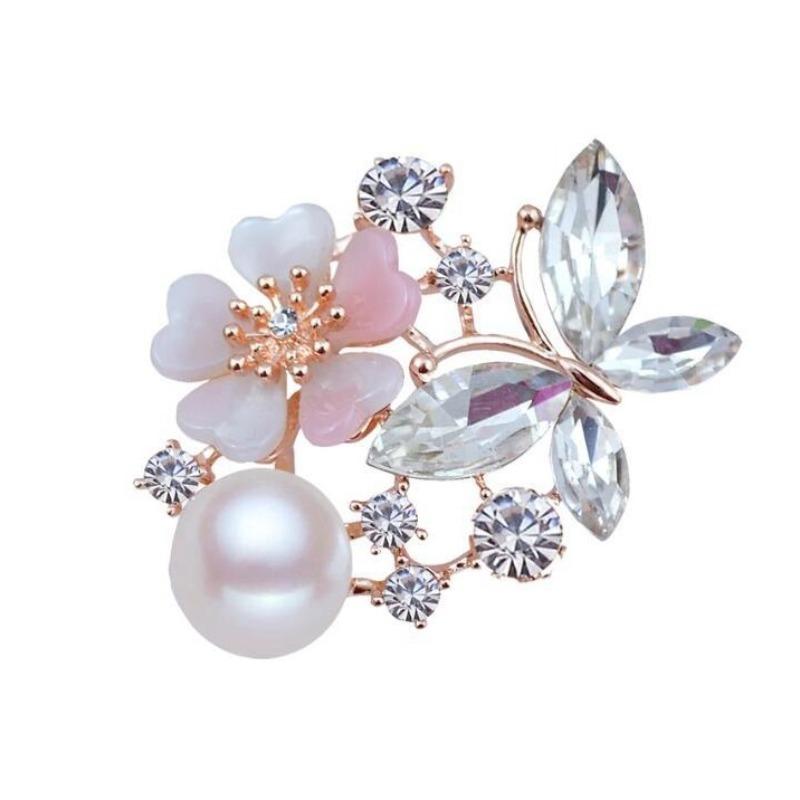 Crystal Butterfly Flower Brooch Female Pearl Pin Suit Accessories Clothing Accessories