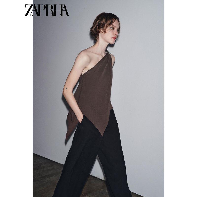 Zaprha 2025 Autumn New Gyaru Simple and Versatile Crepe Asymmetric Decorative Layer Sloping Shoulder Top 1198452