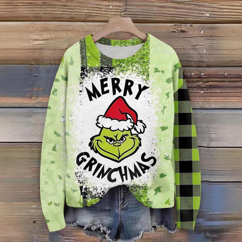 Long Sleeve Pullover Sweaters For Women O Neck Casual Cute Printing Knit Oversized Sweater