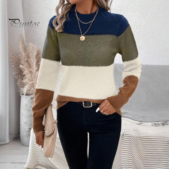 Crew Neck Women Sweater Knitting Tops Round Long Sleeve Color Blocked Knitted Tummy Cover Pullover Loose Hem H-Shaped Warm Casual Daily Wear H-shaped