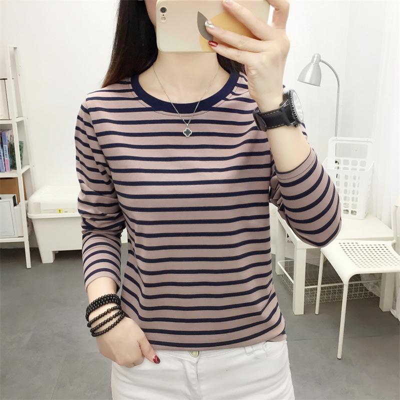 Fashion Women Stripe Top Stylish Long Sleeve Tops Round Collar Pullover Tops T-shirt Lady