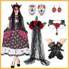 Mexicans Day of The Deads Costume Halloween Sugar Skull Roses Temporary Tattooed Veil Headpiece Lace Gloves Earrings