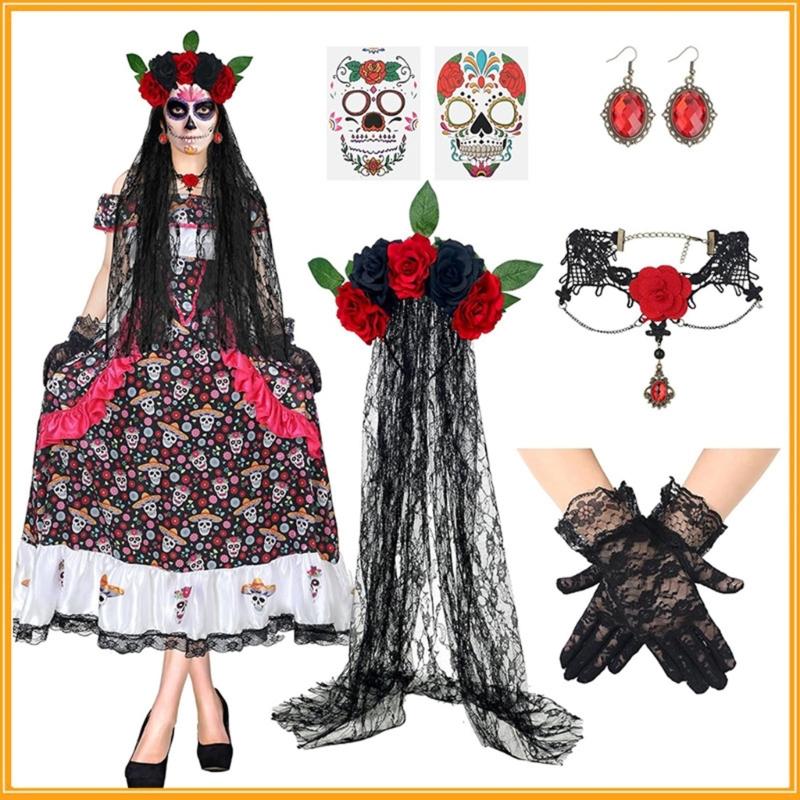 Mexicans Day of The Deads Costume Halloween Sugar Skull Roses Temporary Tattooed Veil Headpiece Lace Gloves Earrings