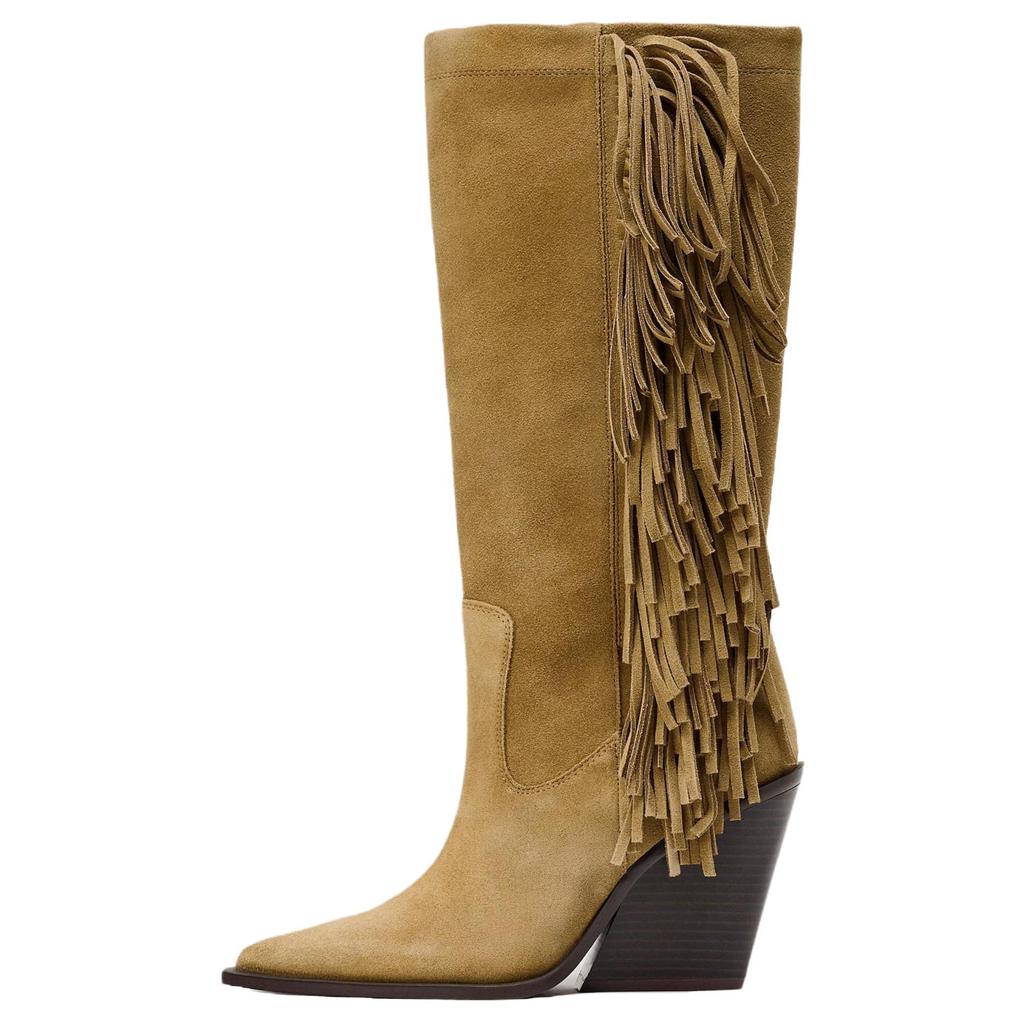 ZARA Lightweight Vintage Fashion Suede Fringe Pointed Toe High Heeled Knee Boots Women boots Brown 13028510709