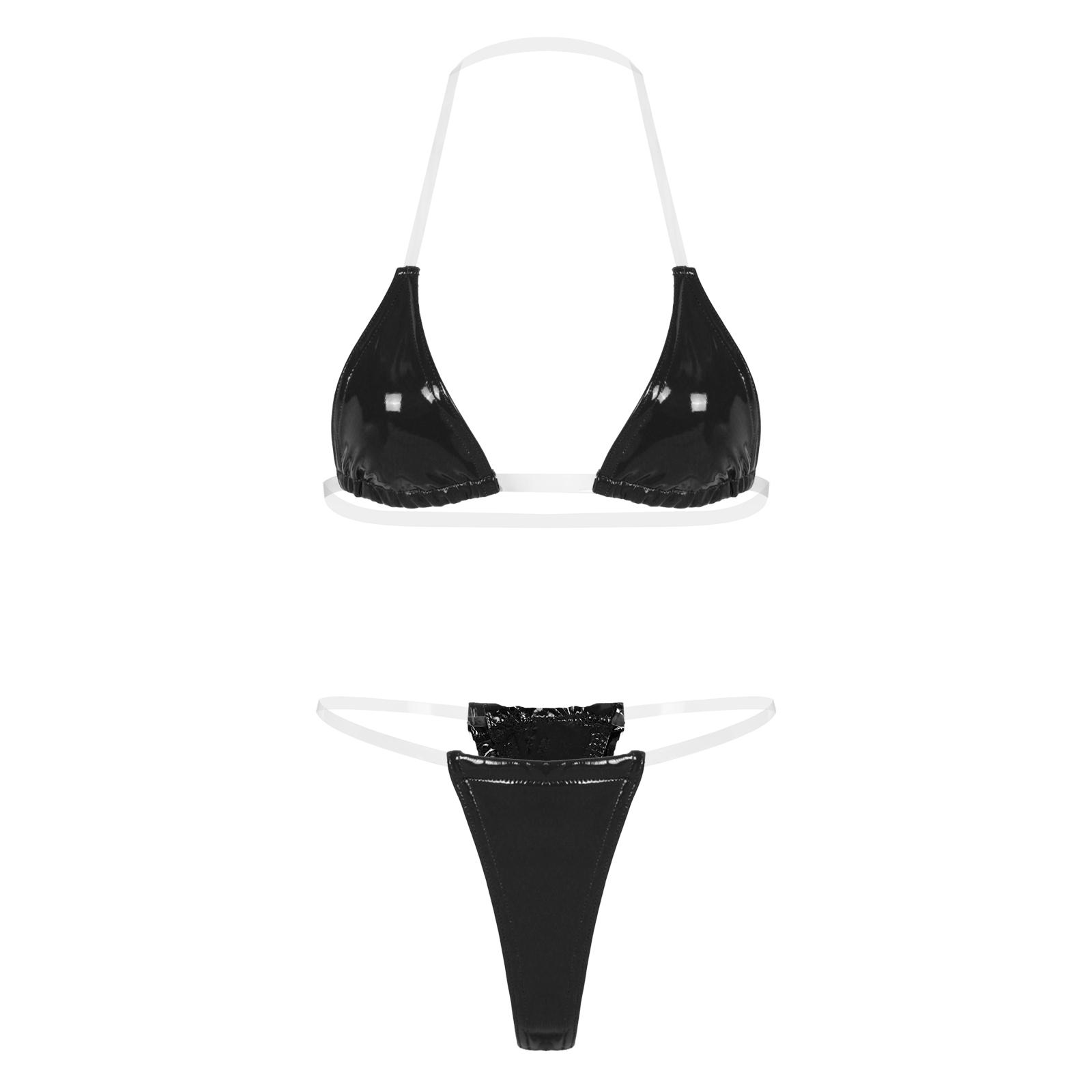 

Жіночий прозорий купальник-бікіні на бретелях, купальник з лакованої шкіри, трусики-тонги L