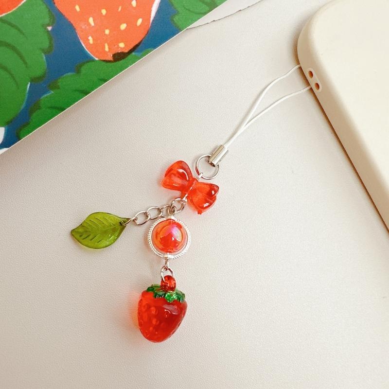 Stylish Acrylic Strawberry Green Leaf Phone Strap Mobile Hanging Decoration Charm for Decorative Fashion Use
