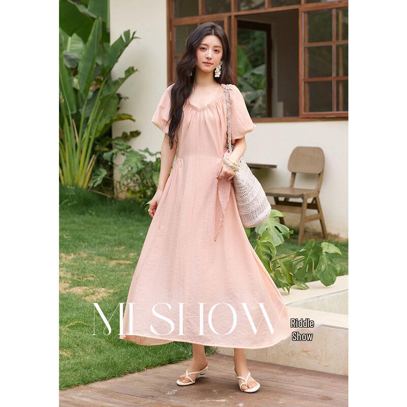 French Style V-Neck Puff Sleeve Midi Dress S