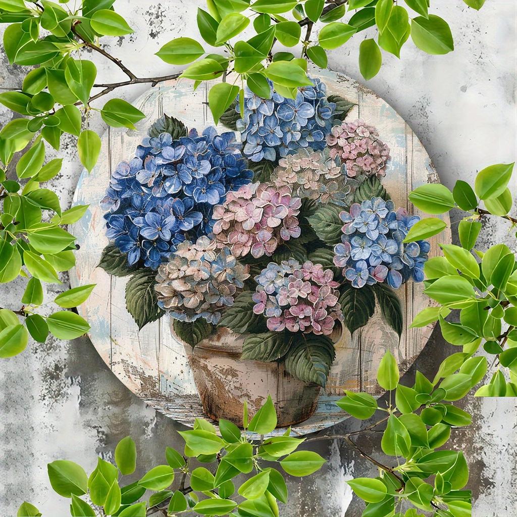 1 Piece 2D Wooden Hanging Sign Hydrangea Theme 8-Inch Round Sign Home Bar Garage Cafe and Garden Decoration