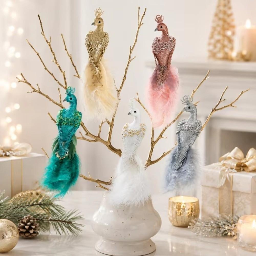 Built-In Clip Feather Bird Hanging Pendant Long Tail Xmas Glitter Peacock Decor Home Decor