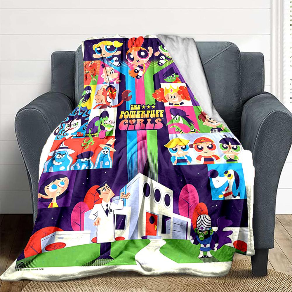 1pc Powerpuff Girls Science Lab Cozy Print Blanket Lightweight Warm Flannel Throw Blanket For Sofa, Bed, Living Room