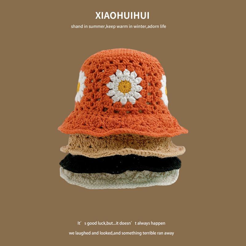 

Spring and Autumn Flowers Handmade Knitted Hat Children s Niche Hollow Wool Versatile Basin Hat Show Small Trend помаранчевий