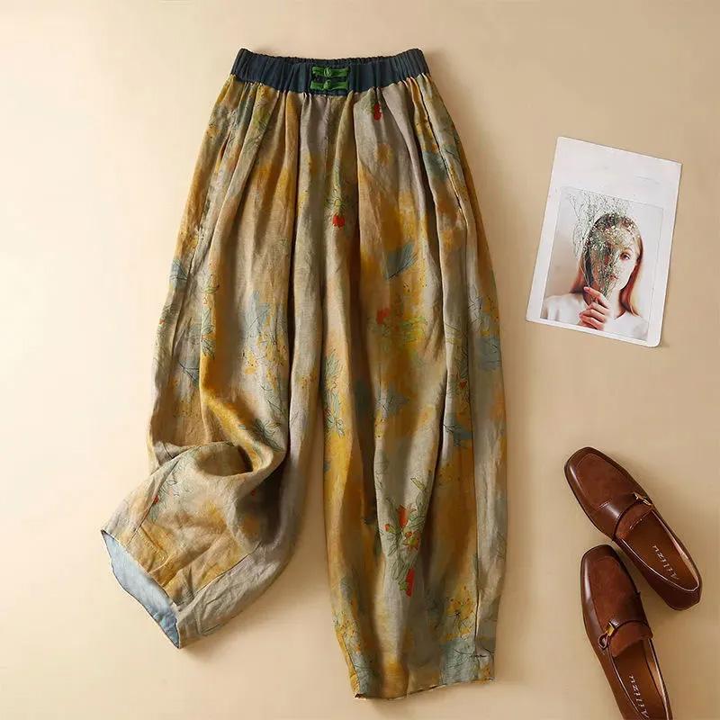 

Хлопковые брюки летние женские большие размеры свободные пижамные брюки универсальные повседневные льняные брюки с высокой талией широкие M