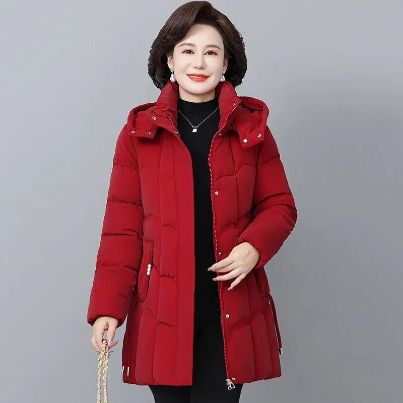 Women's Winter Thickened Jackets Parkas Hooded Quilted Long Pockets Coat Middle Aged Female Overcoat