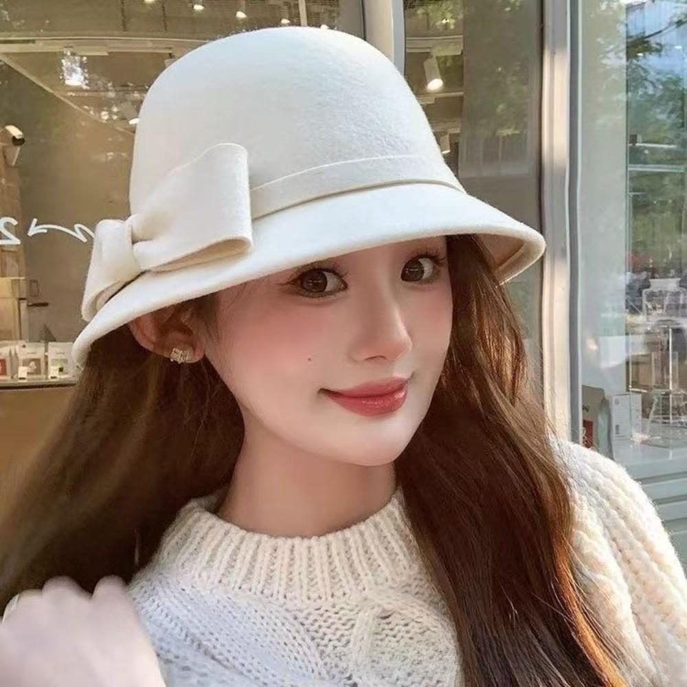 Einfarbiger Schleifen-Topperhut Französischer Stil Woll-Bucket-Hat Eleganter Damen-Fischerhut Famale