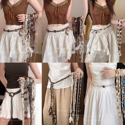 Ethnic Style Wax Rope Wood Bead Acrylic Woven Oval Waist Chain Temperament Belt Versatile Waist Jewelry