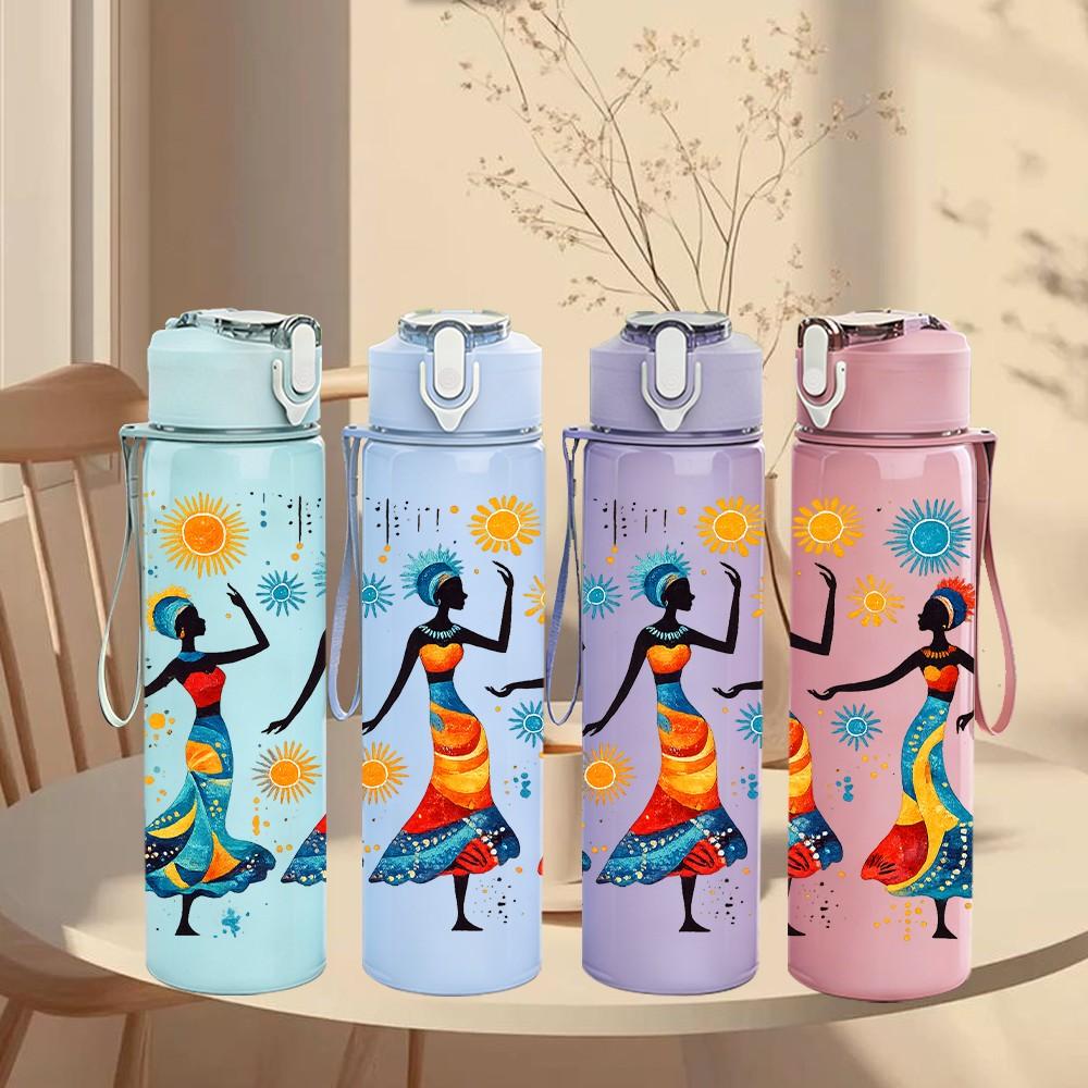 1PC Dancing African Ladies 750ml Color Plastic Sports Water Bottle Leakproof Flip Straw Lid Suitable for Sports Office Home Use