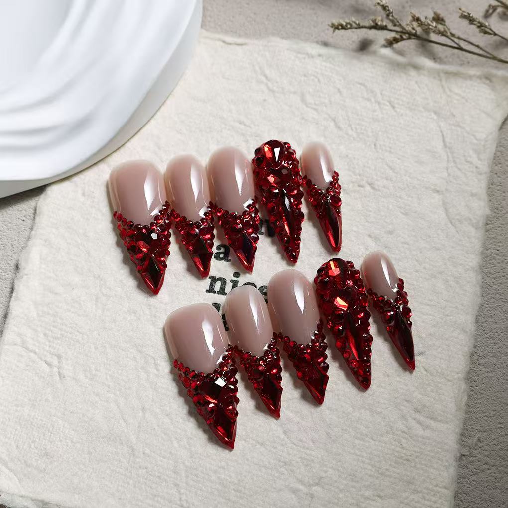 10Pcs Luxury Red Full Diamond Handmade Coffin French Tip Fake Nails Dazzling Press On Nails