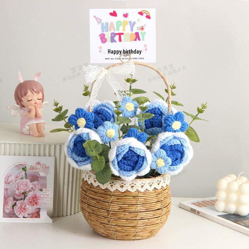 Sonnenblumen Gestrickter Wollstrauß in Handkorb - Geburtstag, Feiertag, Lehrertag, Abschlussgeschenk