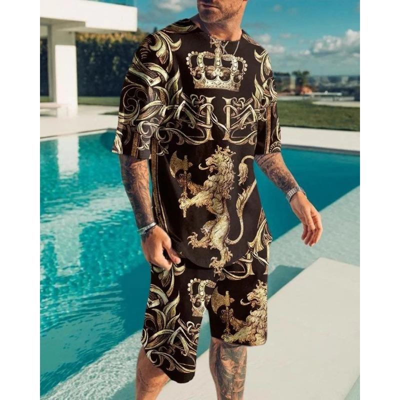 Roar Golden Lion Head Short Sleeve 2Pcs Set 3D Print Men Sweatshirt O-neck T-Shirt Set Men Oversized Tshirt Suit Men Clothes
