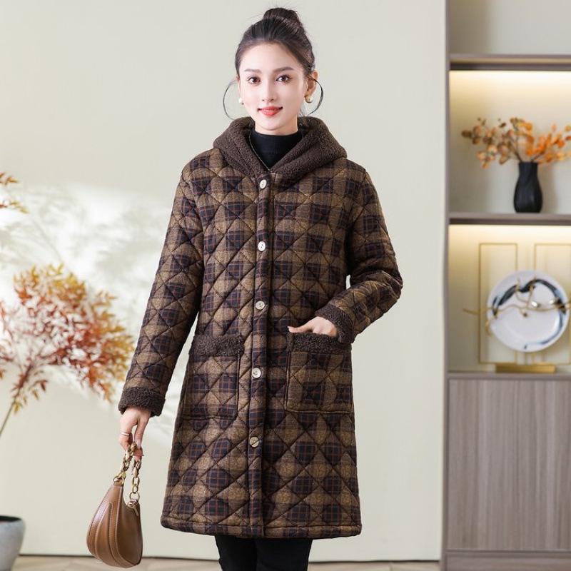Women's Winter Hooded Plaid Cotton Jacket: Thick, Warm, Mid-Length Coat with Plus Velvet Lining