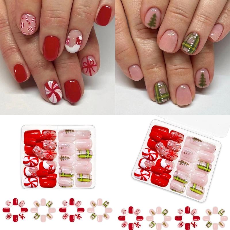 Short Square False Nails with Christmas Tree Christmas Press On Nails Stripes Full Cover Stick On Nails for Women Girls