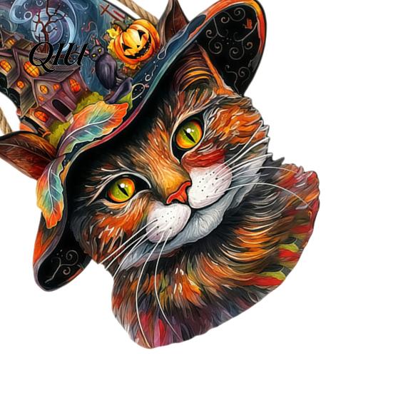 Halloween Sign Wooden Hanging Door Sign, Cute Painted Cat Welcome Ornament with Witch Hat Haunted Decoration Wood House Pumpkin, Rustic Wall Decor