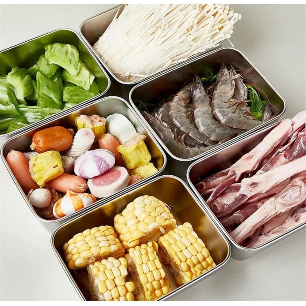 6Pcs with Lid Preservation Box Convenient Food Grade Sealed Box Stainless Steel Food Plate  Kitchen