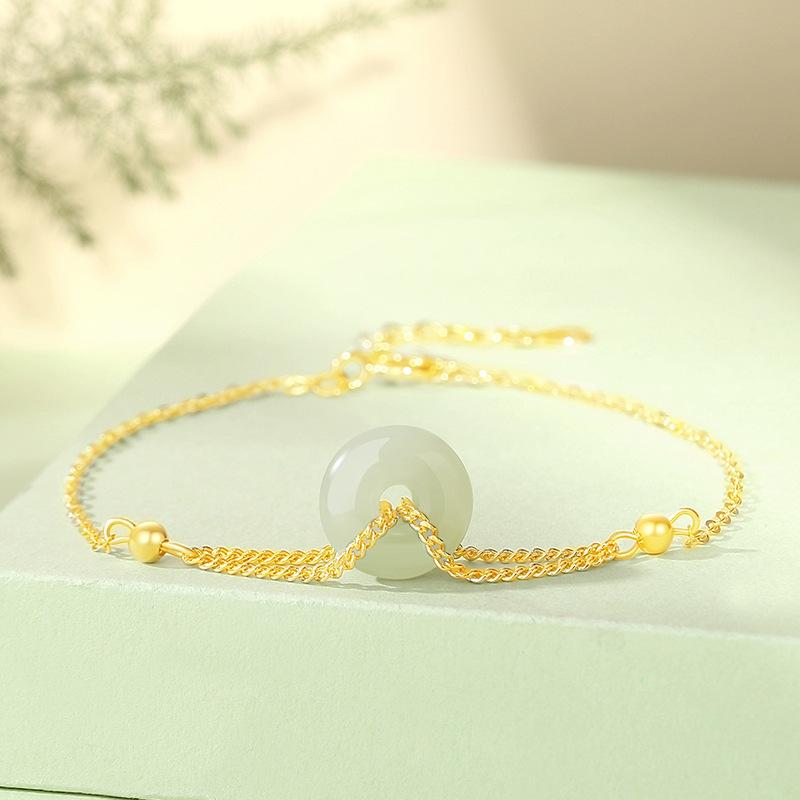 

S925 Серебряная пряжка с пряжкой Хотан Нефритовый браслет Женский шикарный китайский новый китайский двухслойный браслет из 14-каратного золота в литературном стиле, ручная одежда Adjustable size