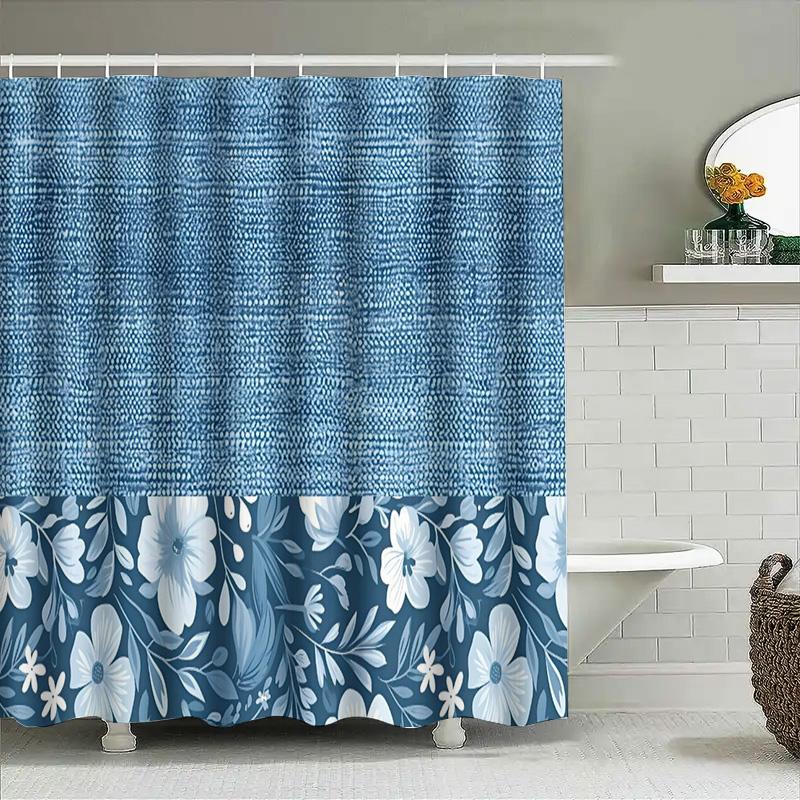 Blue Bath Mat Shower Curtain with White Floral Design for Bathroom Decor Non-Slip Rug for Bathtub Area Size: 72 x 84 Inches