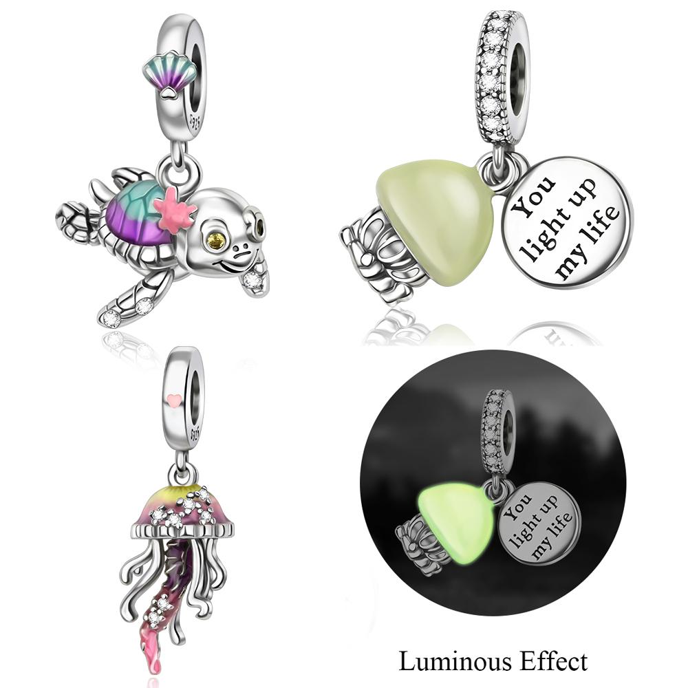 Ocean Series Copper Metal Luminous Jellyfish&Turtles Dangle Charm Bead Component Compatible With Do It Yourself Bracelet High Quality Fine Jewelry