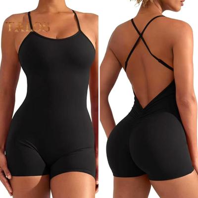 Women Summer Yoga Romper Cross Back Sleeveless High Elasticity Skinny Soft Breathable Low-cut U Neck Off Shoulder Sheath Beach Short Summer Fitness