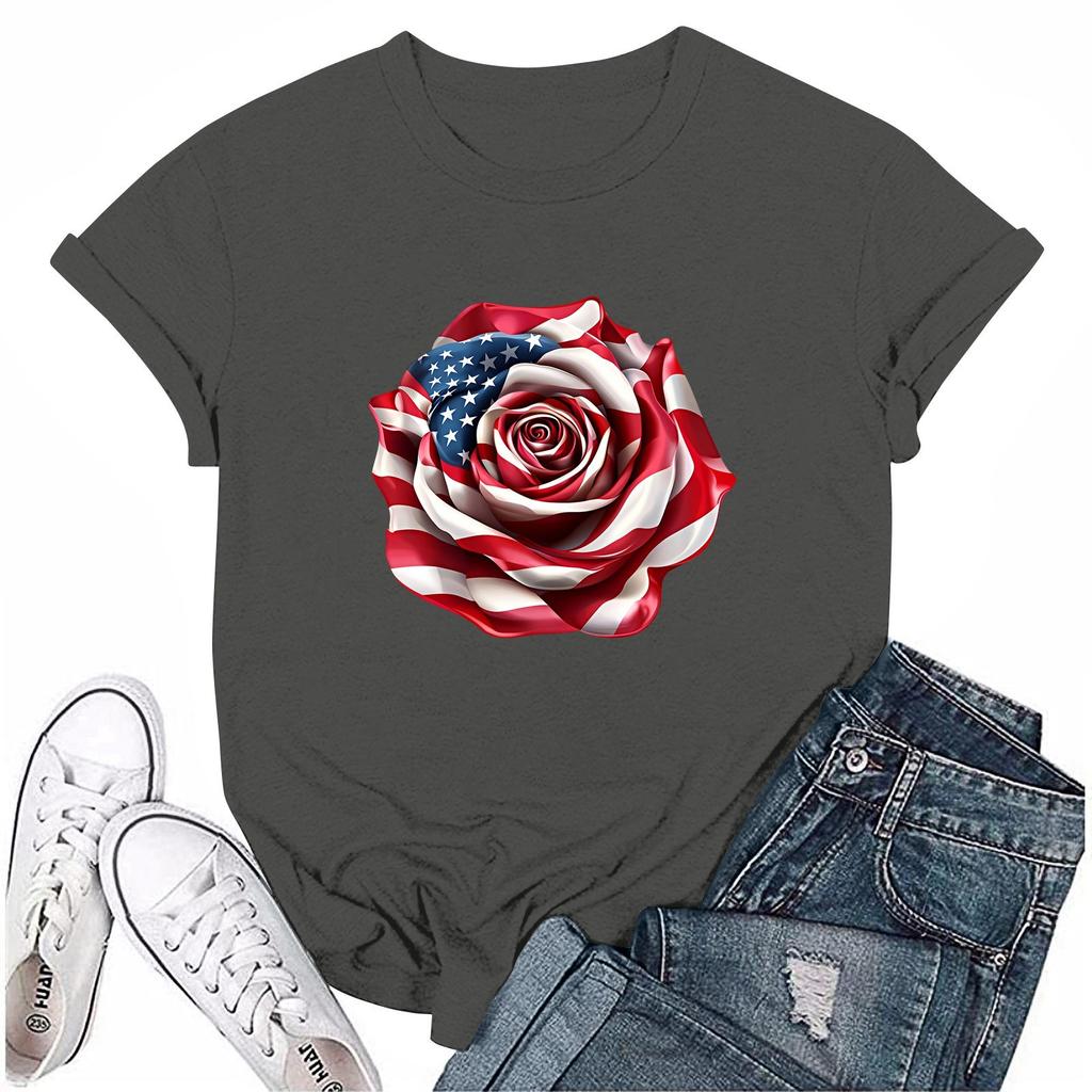 Adults Casual Daily Round Neck Independence Day Printed Short Sleeved T-shirt Letter Top