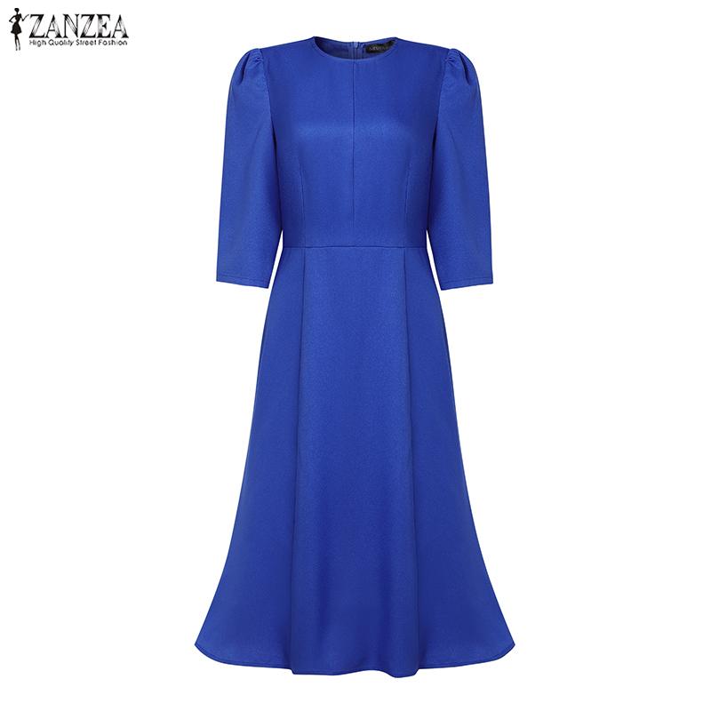 ZANZEA Women Casual Round Neck Summer 3/4 Sleeve Elegant Dress