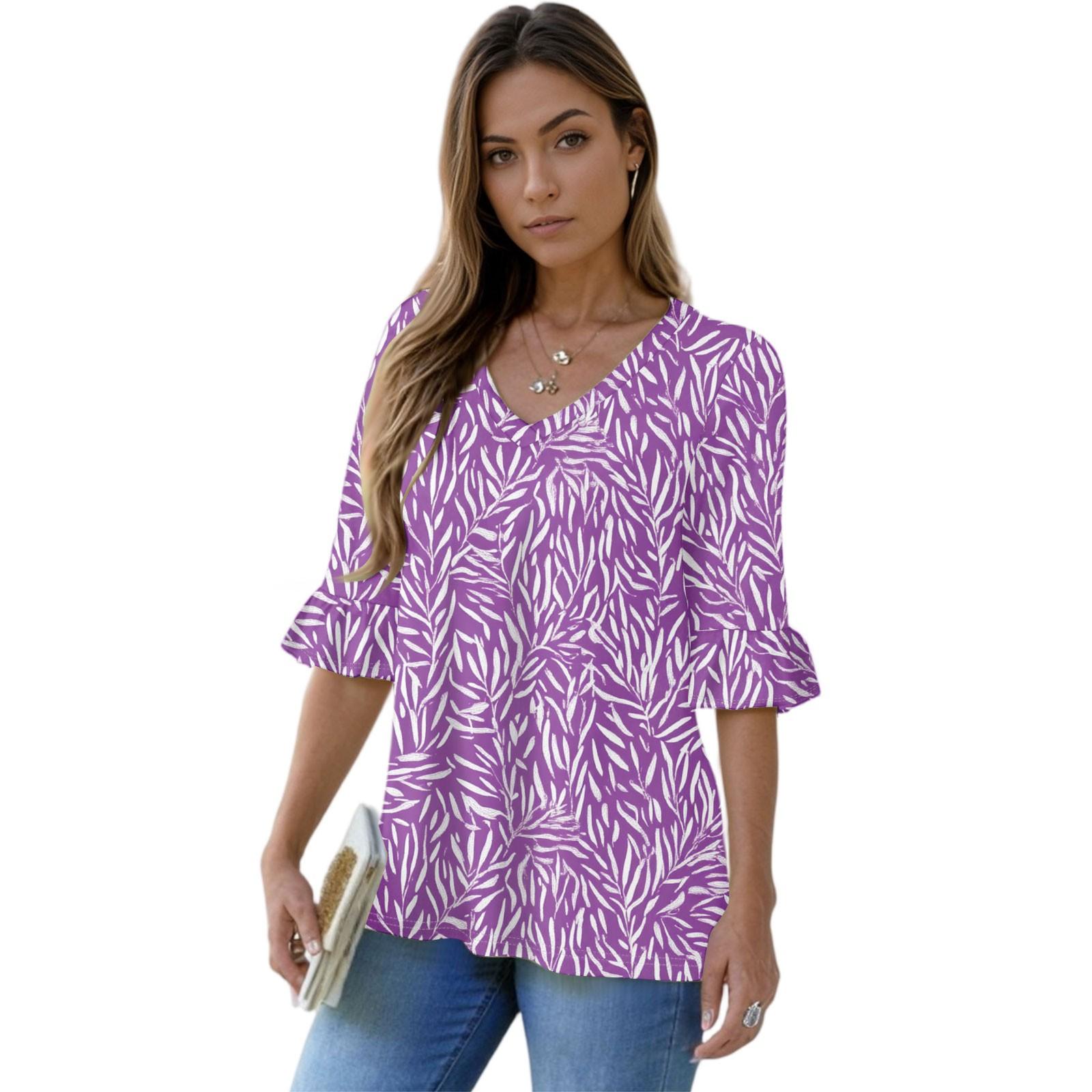 

Women s Casual 3/4 Sleeve Tops V-Neck Sleeve T-Shirt Floral Print Tops XXL винний