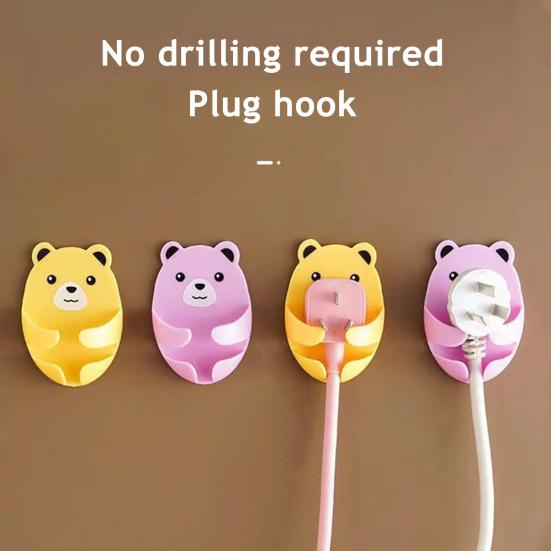 Cute Bear Plugs Holders Adhesive Wall Hook Plastic Phone Charger Holders No Drilling Needed Wall Mounted Organizer for Plugs Charger Storage