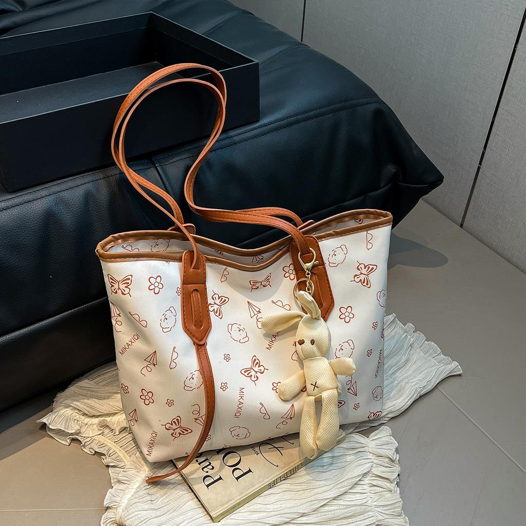 Women's Cute Rabbit Pendant Shoulder Bag PU Tote with Cartoon Print & Zipper for Daily Commute & Shopping Storage Bag