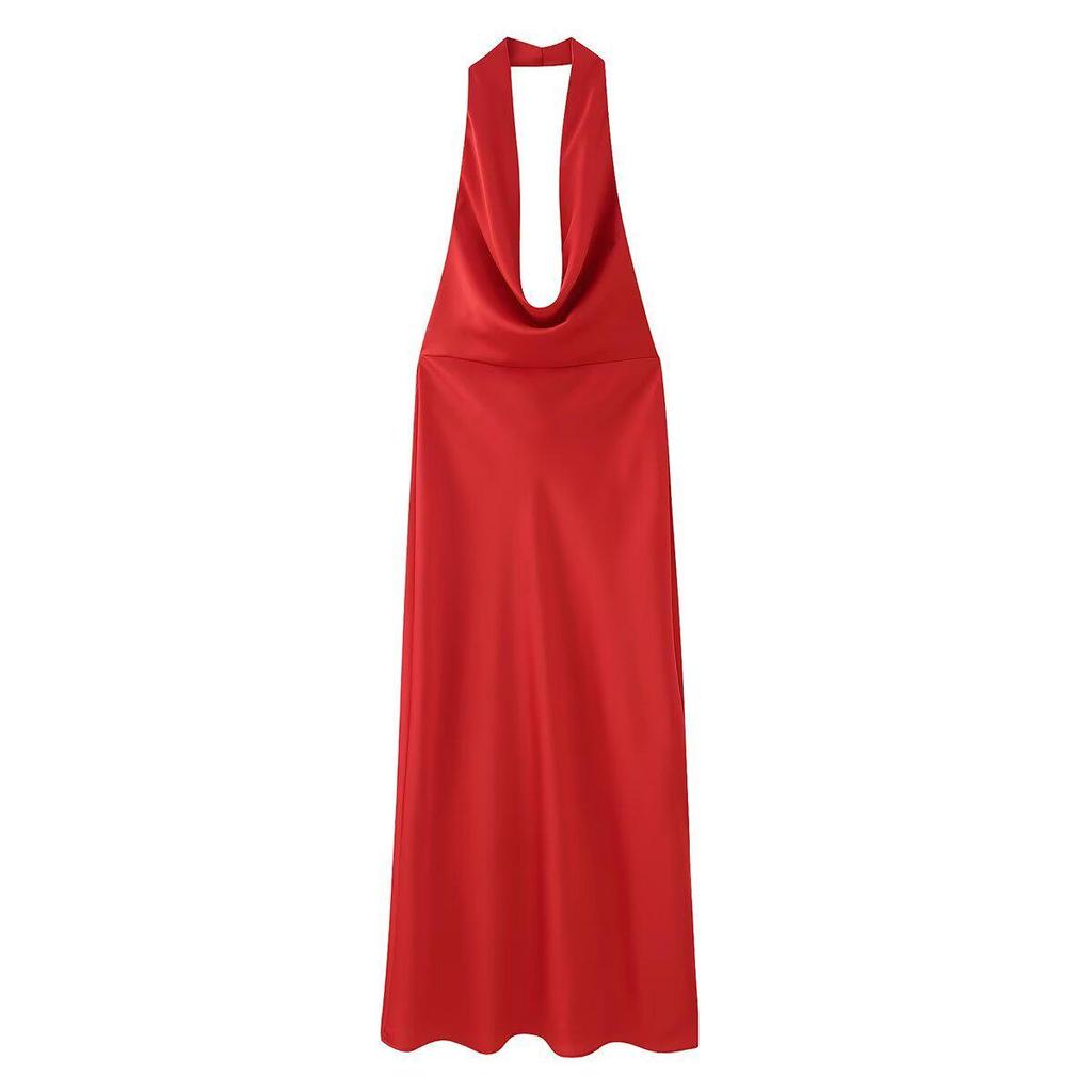 Women's Spring 2025 European & American Style Backless Silk Satin Midi Dress