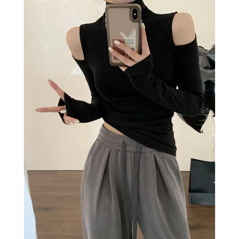 Herbst Neues Modisches Rollkragen Unterhemd Damen Langarm T-Shirt Off-Shoulder Design Top