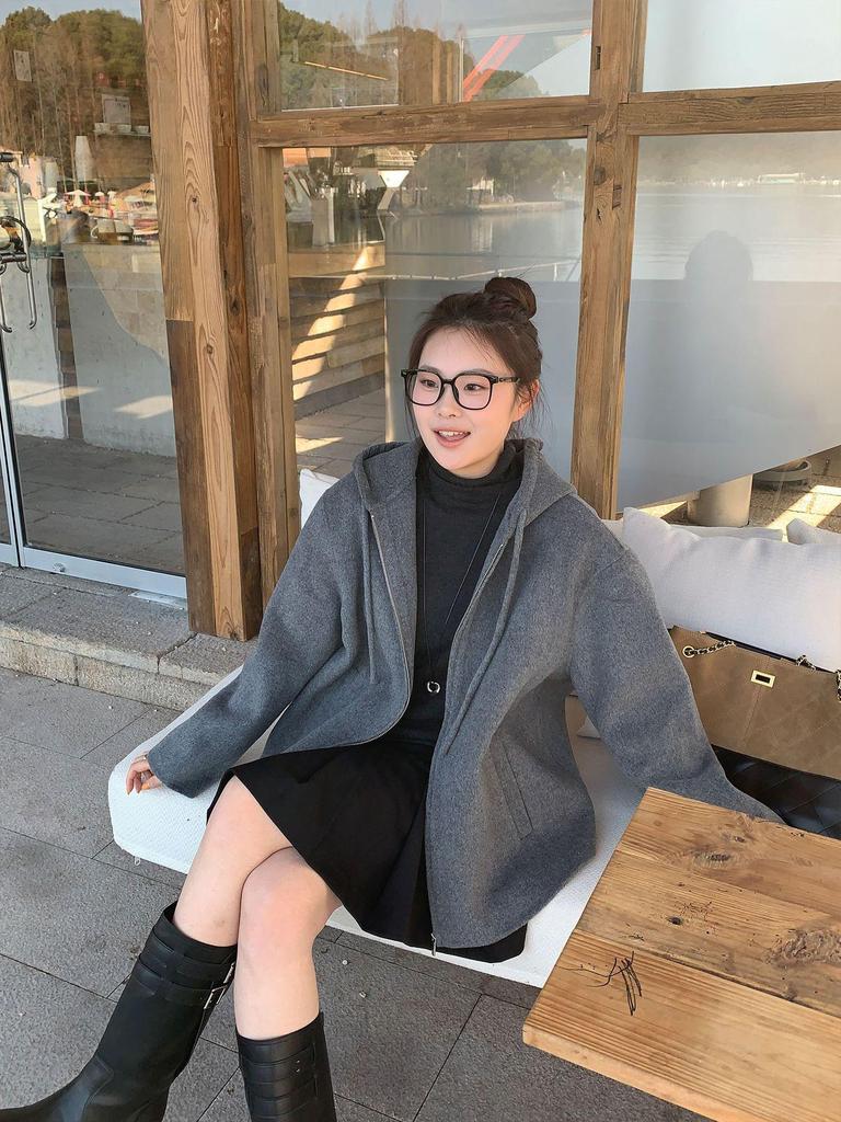 Plus Size Women's Slimming Double-Faced Wool Hooded Coat - Early Winter Casual Versatile Outerwear