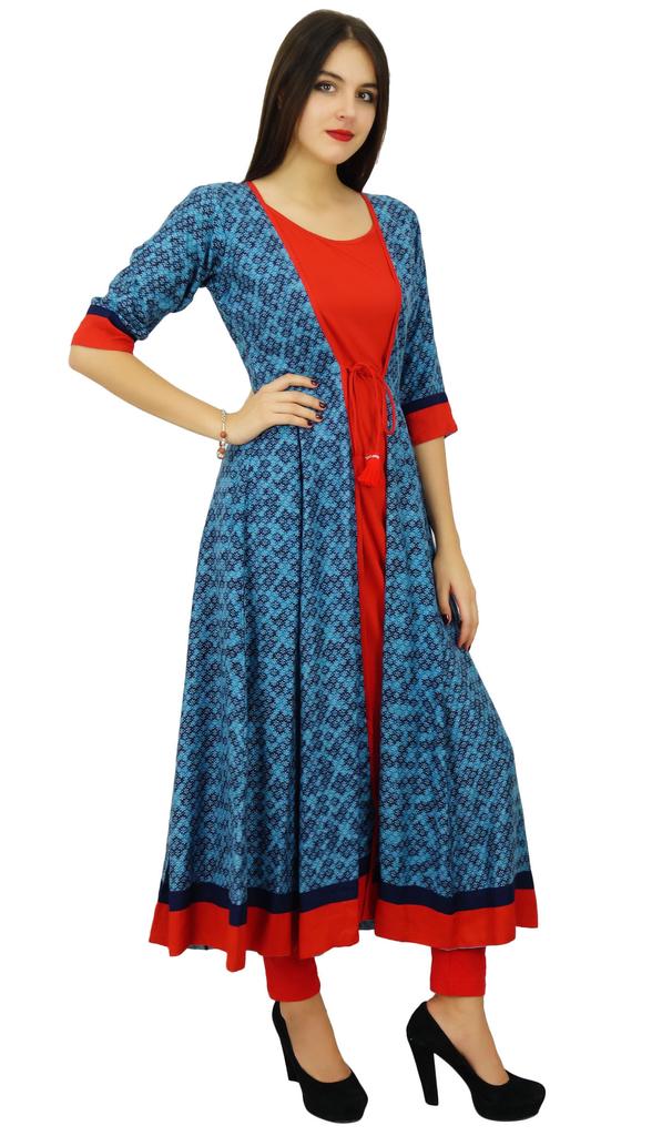 Bimba Womens Designer Flaired Kurta Dress Indian Clothing Printed Rayon Kurti Indian Custom