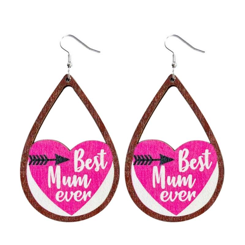 1 Pair 2023 Cut Wooden MOM I LOVE YOU Teardrop Heart Wood Dangle Earrings for Mom Mother Day Gift Novel Wood Jewelry