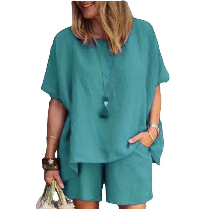 women's Solid Color Batwing Short Sleeve Loose Top High Waist Casual Shorts Summer Two Piece Outfit Set