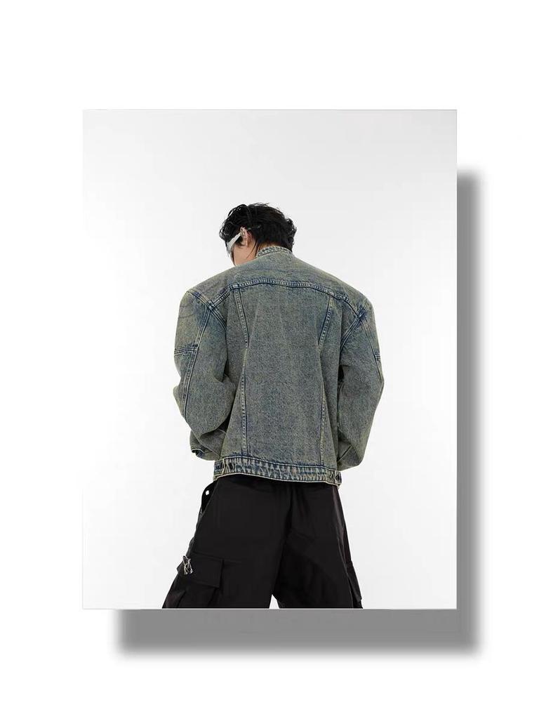 Pánská trendy kovová designová retro odřená džínová patchworková bunda bez límce s ramenními vycpávkami