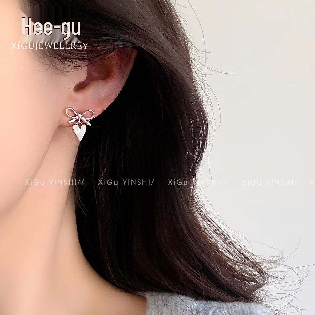 Higu S925 Silver Bowknot Heart Dangle Earrings - Korean Style Women s Studs Bowknot Heart Stud Earrings