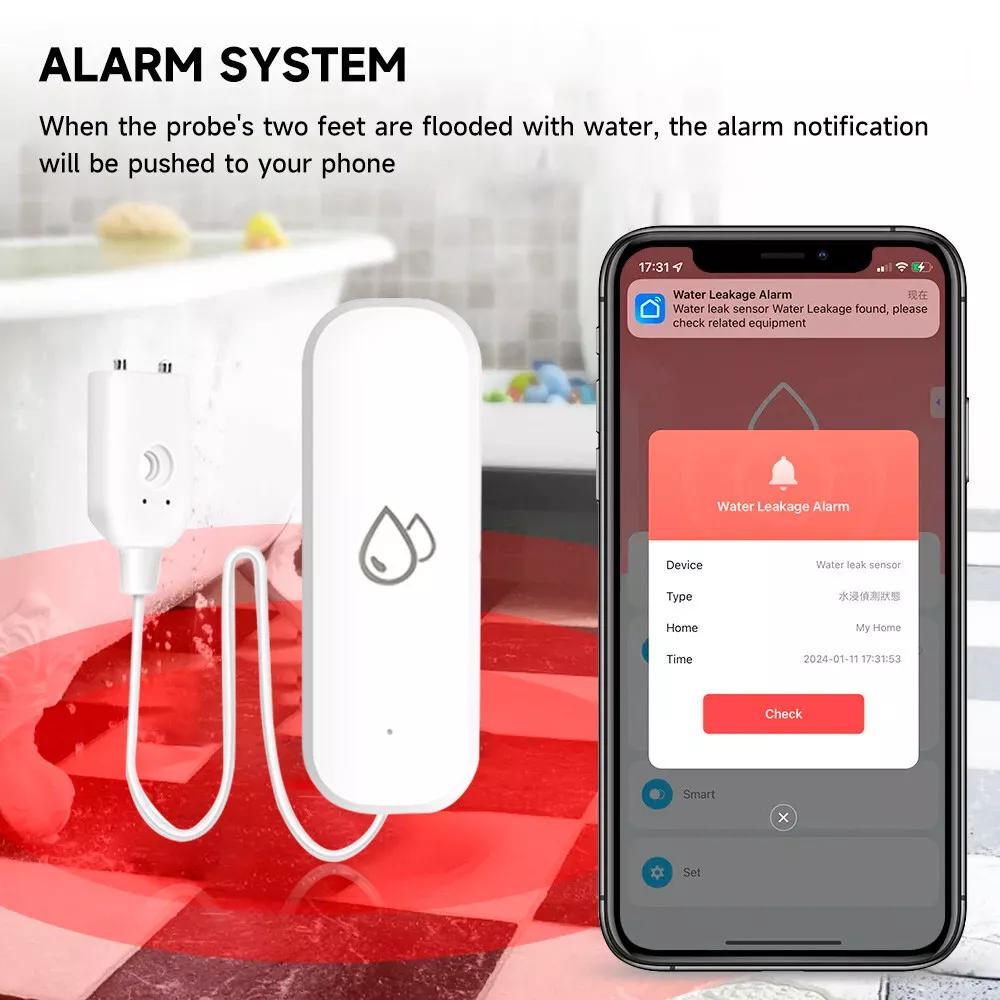 Tuya ZigBee Smart Water Leak Sensor with Alarm Overflow Detector via APP Control for Home Security Kitchen Bathroom Basement Flood Monitor