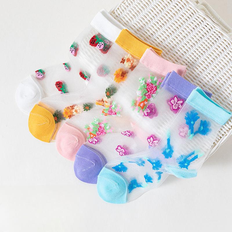 1/5/10 Pairs Summer Fashion Flowers Animal Thin Mesh Tulle Ankle Crystal Silk Socks Transparent Mesh Retro Cute Fishnet Women Cool Socks