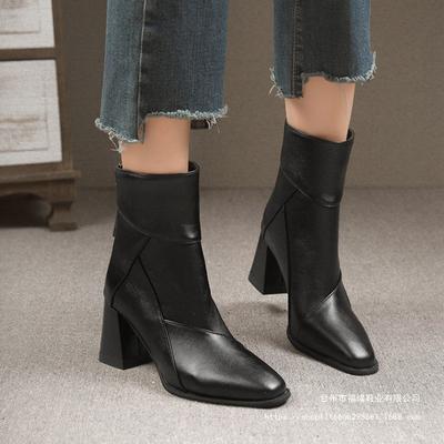 Retro Brown Thick Heel Short Boots Women's 2025 New High Heel Martin Boots British Style Small Square Head Thin Boots Black